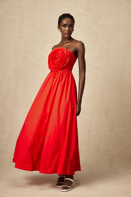 Ruby Maxi Dress in Stunning Red with Off - Shoulder Design and 3D Petal Details