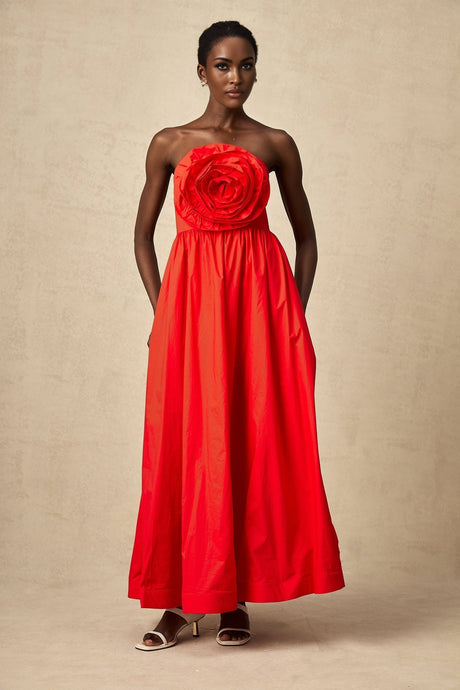 Ruby Maxi Dress in Stunning Red with Off - Shoulder Design and 3D Petal Details