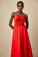 Ruby Maxi Dress in Stunning Red with Off - Shoulder Design and 3D Petal Details