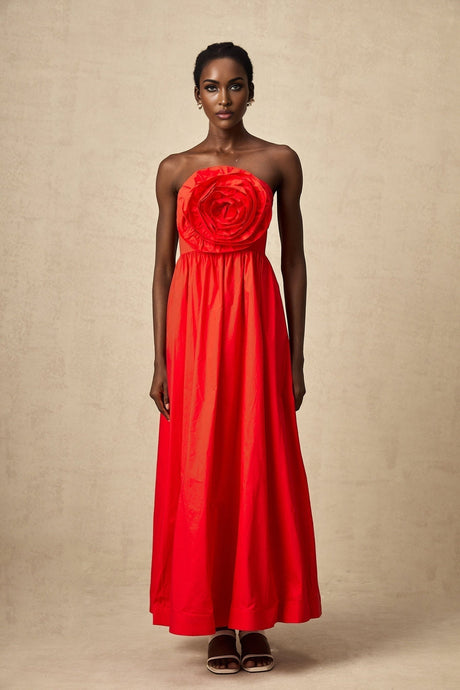Ruby Maxi Dress in Stunning Red with Off - Shoulder Design and 3D Petal Details