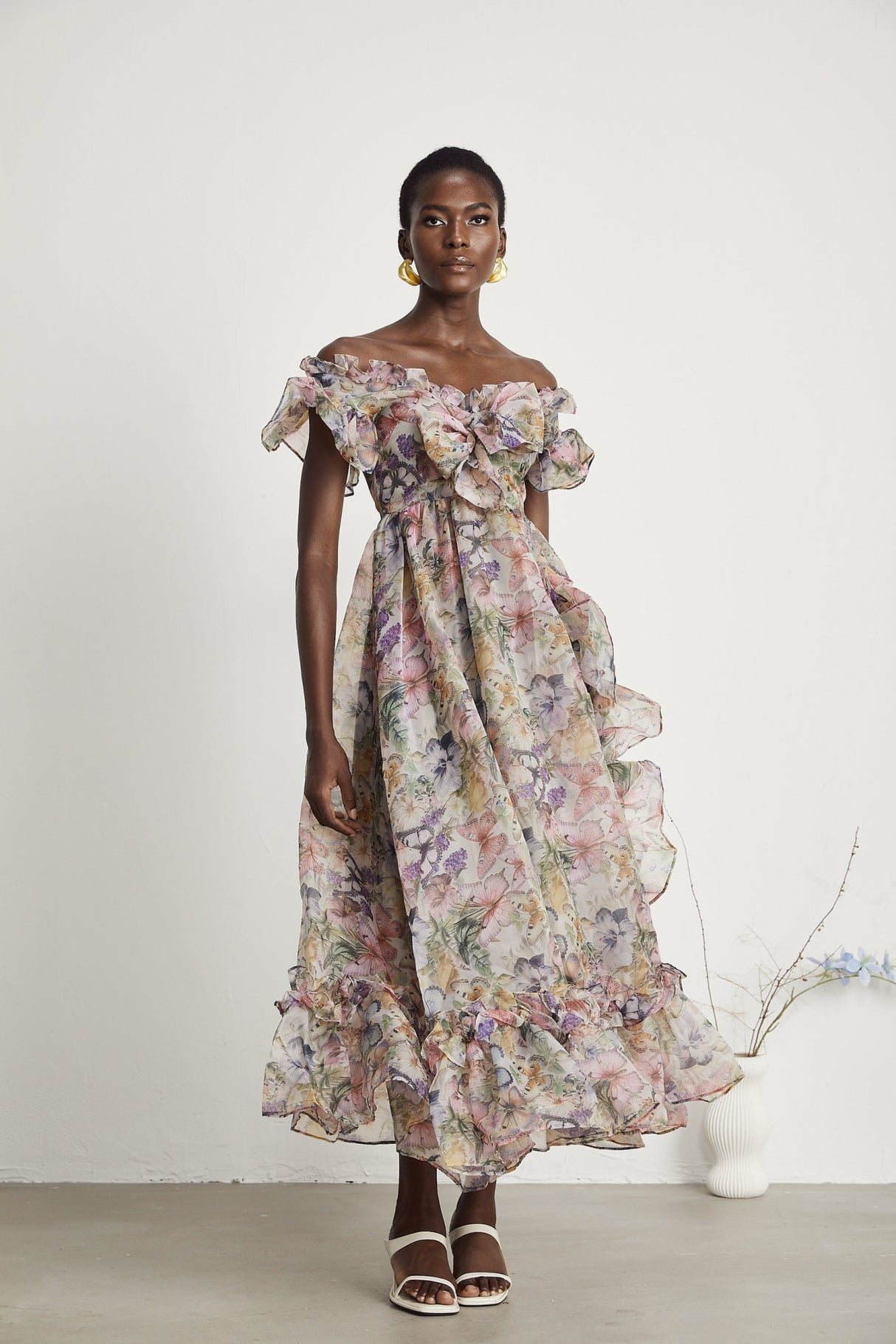 Ruby Midi Dress Pink Floral Flounce & Tulle Side Slit
