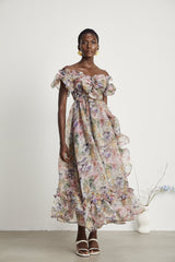 Ruby Midi Dress Pink Floral Flounce & Tulle Side Slit