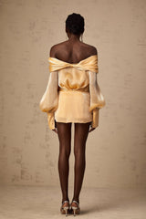 Ruby Mini Dress Gold Crystal Off Shoulder Puff Sleeve Sparkle