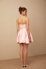 Ruby Mini Dress Pink Satin Off Shoulder Puff Ruffle Chic