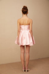 Ruby Mini Dress Pink Satin Off Shoulder Puff Ruffle Chic