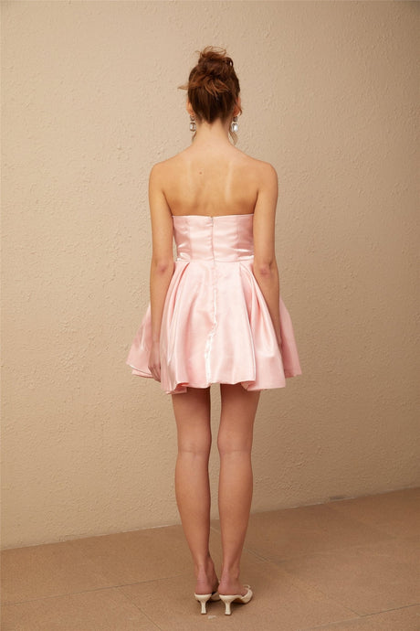 Ruby Mini Dress Pink Satin Off Shoulder Puff Ruffle Chic
