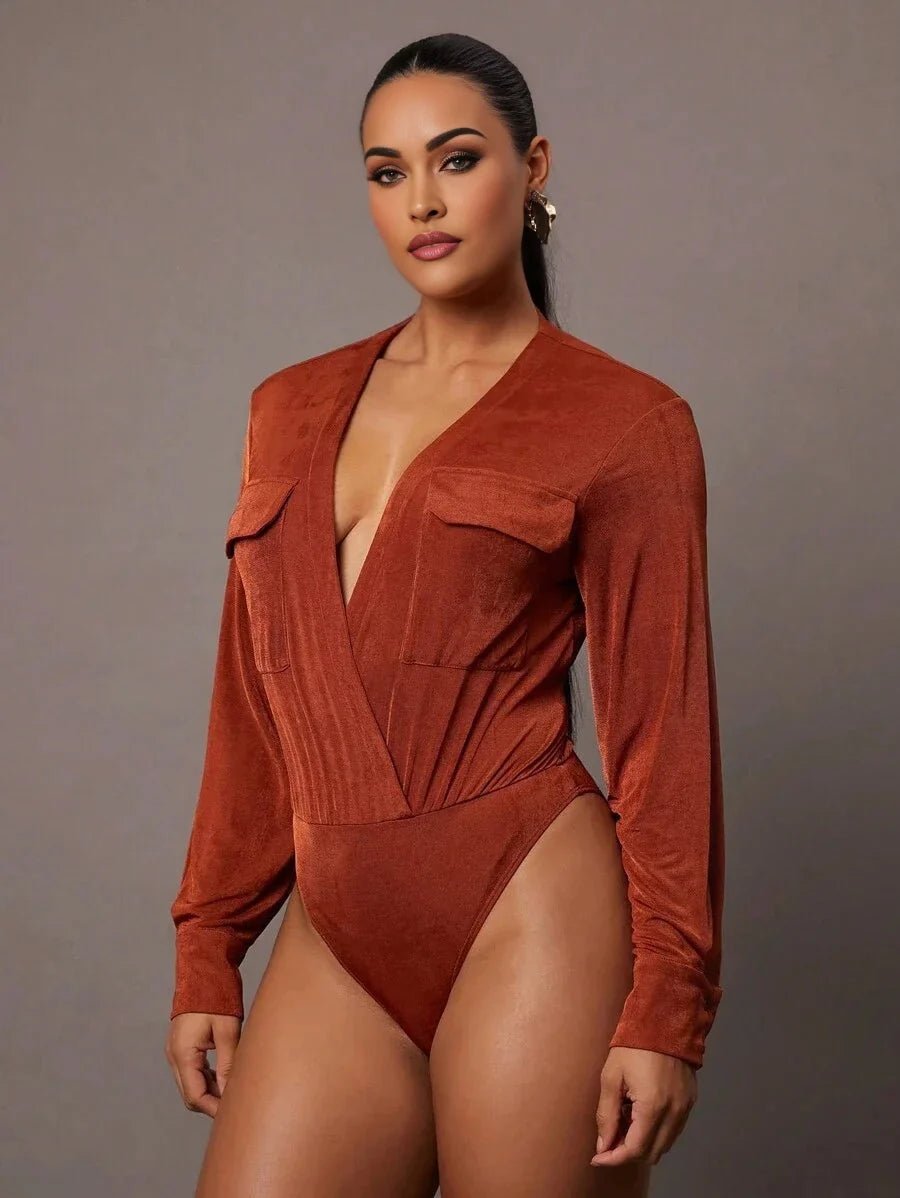 Rylan Bodysuit - High Stretch Fabric Elasticity - Regular Fit - Deep V Neckline - Long Sleeve Length - Ruched, Wrap, Split Thigh