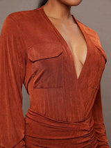 Rylan Bodysuit - High Stretch Fabric Elasticity - Regular Fit - Deep V Neckline - Long Sleeve Length - Ruched, Wrap, Split Thigh