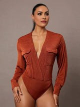 Rylan Bodysuit - High Stretch Fabric Elasticity - Regular Fit - Deep V Neckline - Long Sleeve Length - Ruched, Wrap, Split Thigh