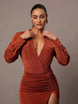 Rylan Bodysuit - High Stretch Fabric Elasticity - Regular Fit - Deep V Neckline - Long Sleeve Length - Ruched, Wrap, Split Thigh