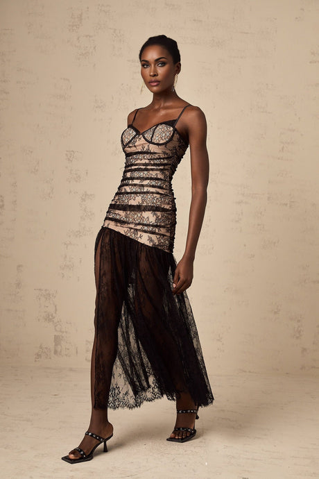Rylan Floral Midi Dress Bustier Style with Lace Detail & Ruffled Design