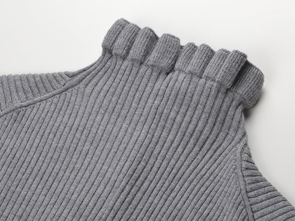 Rylan Long Fitted Ribbed Sweater - Button - Down Front with Scalloped Trim and Ruffled Hem