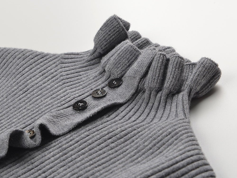 Rylan Long Fitted Ribbed Sweater - Button - Down Front with Scalloped Trim and Ruffled Hem