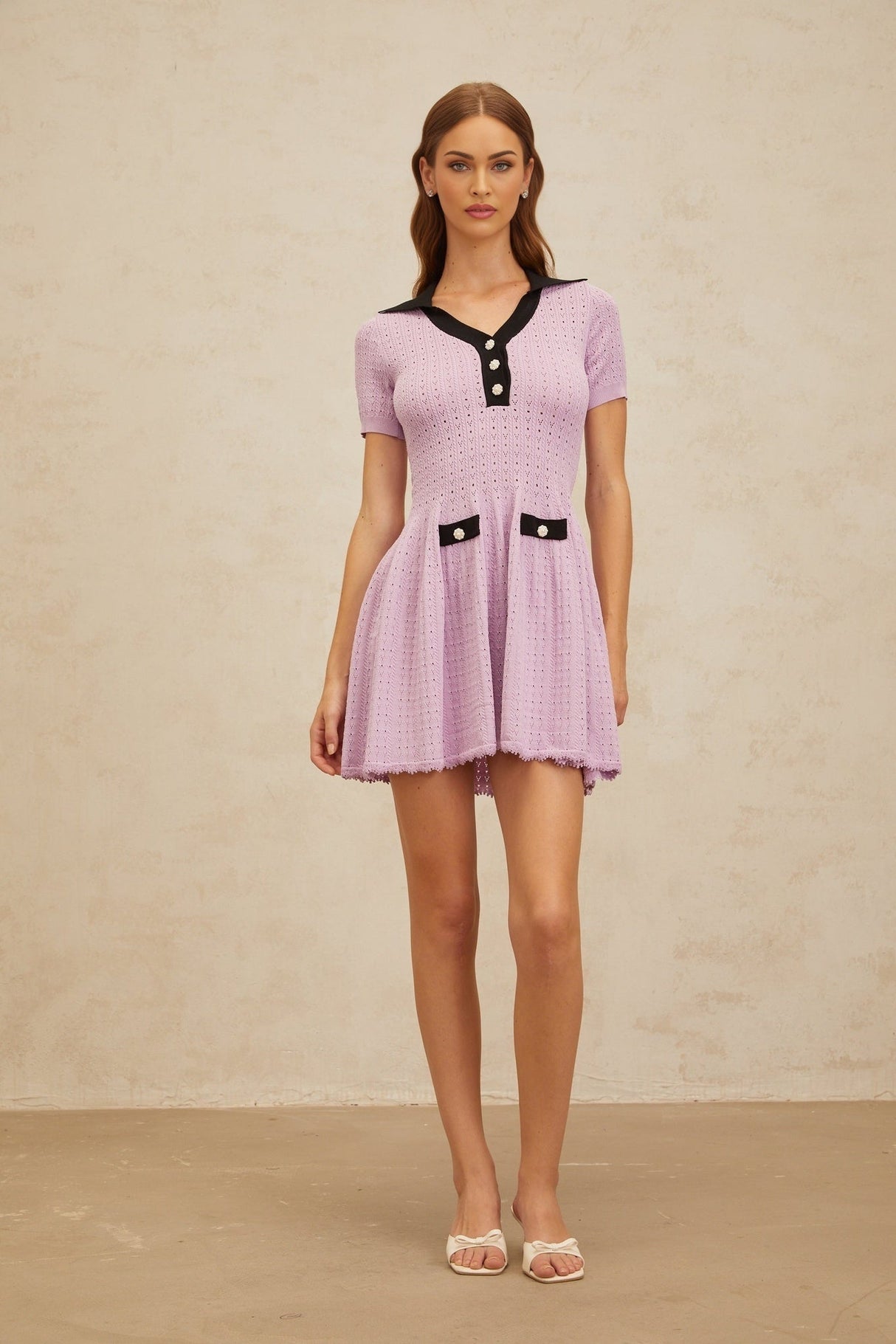 Rylan Mini Dress - Notched Lapels - Pointelle Knit - A - line Silhouette - Decorative Buttons