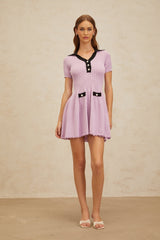 Rylan Mini Dress - Notched Lapels - Pointelle Knit - A - line Silhouette - Decorative Buttons