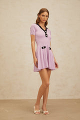 Rylan Mini Dress - Notched Lapels - Pointelle Knit - A - line Silhouette - Decorative Buttons