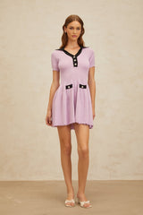 Rylan Mini Dress - Notched Lapels - Pointelle Knit - A - line Silhouette - Decorative Buttons