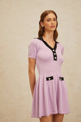 Rylan Mini Dress - Notched Lapels - Pointelle Knit - A - line Silhouette - Decorative Buttons