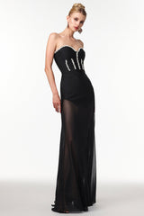 Rylee Black Rhinestone Maxi Dress Mesh Skirt Gala Elegant