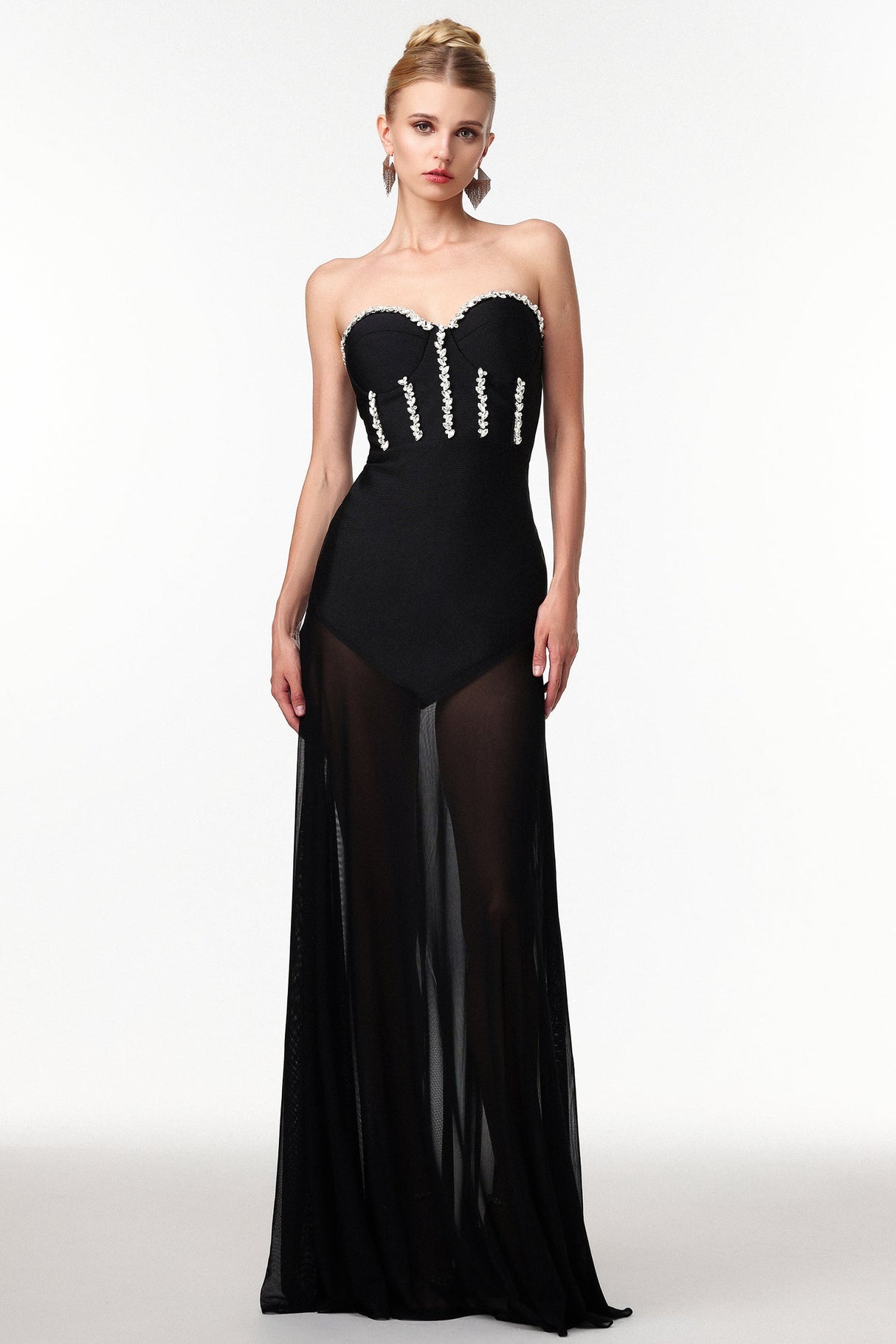 Rylee Black Rhinestone Strapless Maxi Dress for Special Occasions