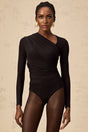 Rylee Bodysuit Black Split Asymmetric Snap Fit & Long Sleeve