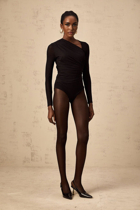 Rylee Bodysuit Black Split Asymmetric Snap Fit & Long Sleeve