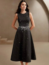 Sabina Midi Dress - Round Neck - Flared Hem - High Waist - Elegant Style - Belted & Zipper
