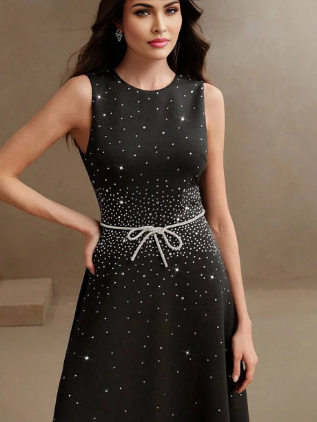 Sabina Midi Dress - Round Neck - Flared Hem - High Waist - Elegant Style - Belted & Zipper