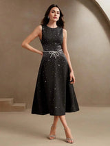 Sabina Midi Dress - Round Neck - Flared Hem - High Waist - Elegant Style - Belted & Zipper