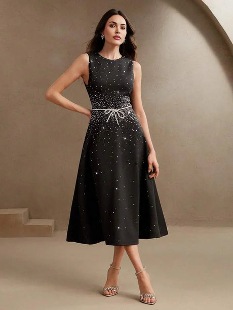 Sabina Midi Dress - Round Neck - Flared Hem - High Waist - Elegant Style - Belted & Zipper