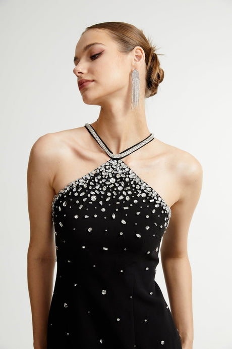 Sabina Mini Dress Black Choker Embellished Zip Fasten