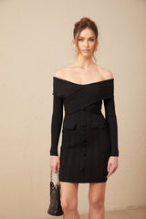 Sabina Mini Dress Black Ribbed Knit Off Shoulder Button Detail