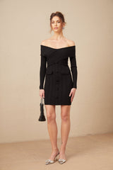 Sabina Mini Dress Black Ribbed Knit Off Shoulder Button Detail