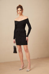 Sabina Mini Dress Black Ribbed Knit Off Shoulder Button Detail