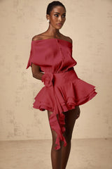 Sabina Mini Dress Off - shoulder Floral Appliqu Flounced Tiered & Cinched