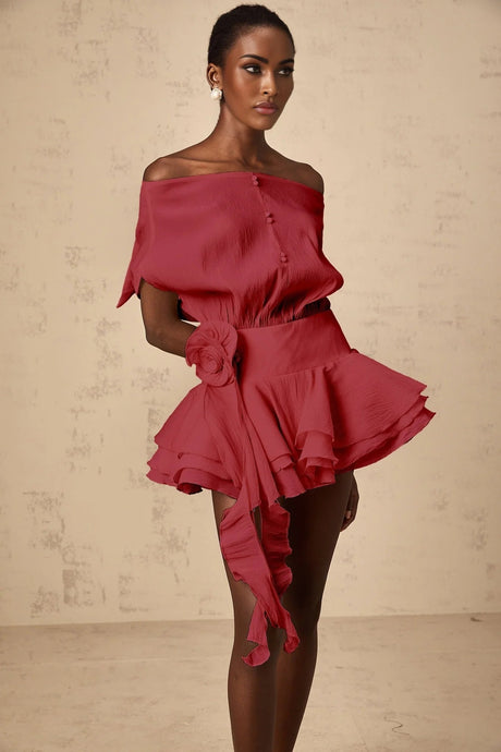 Sabina Mini Dress Off - shoulder Floral Appliqu Flounced Tiered & Cinched