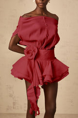 Sabina Mini Dress Off - shoulder Floral Appliqu Flounced Tiered & Cinched