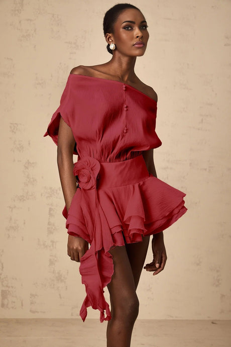 Sabina Mini Dress Off - shoulder Floral Appliqu Flounced Tiered & Cinched
