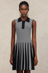 Sabrina Black Lapel Collar Sleeveless Pleated Dress