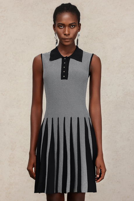 Sabrina Black Lapel Collar Sleeveless Pleated Dress