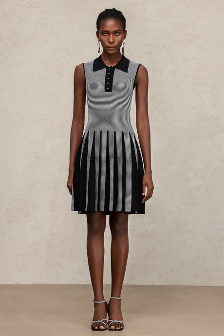 Sabrina Black Sleeveless Lapel Collar Pleated Skirt Dress