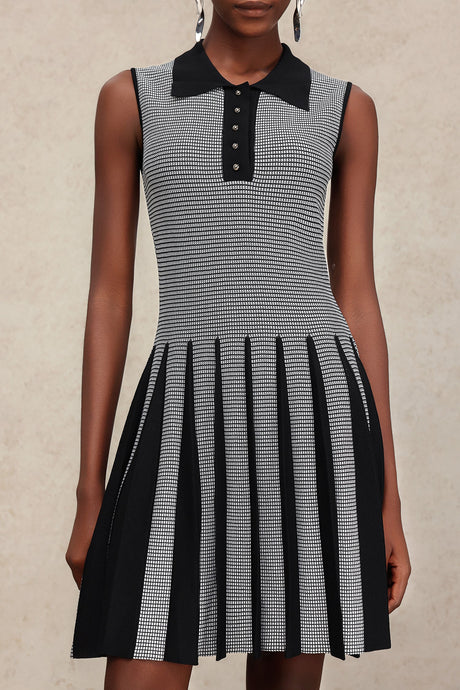Sabrina Black Lapel Collar Sleeveless Pleated Skirt Dress