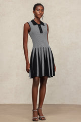 Sabrina Black Pleated Sleeveless Dress Lapel Collar Fitted Bodice Flared Skirt Button Detailing