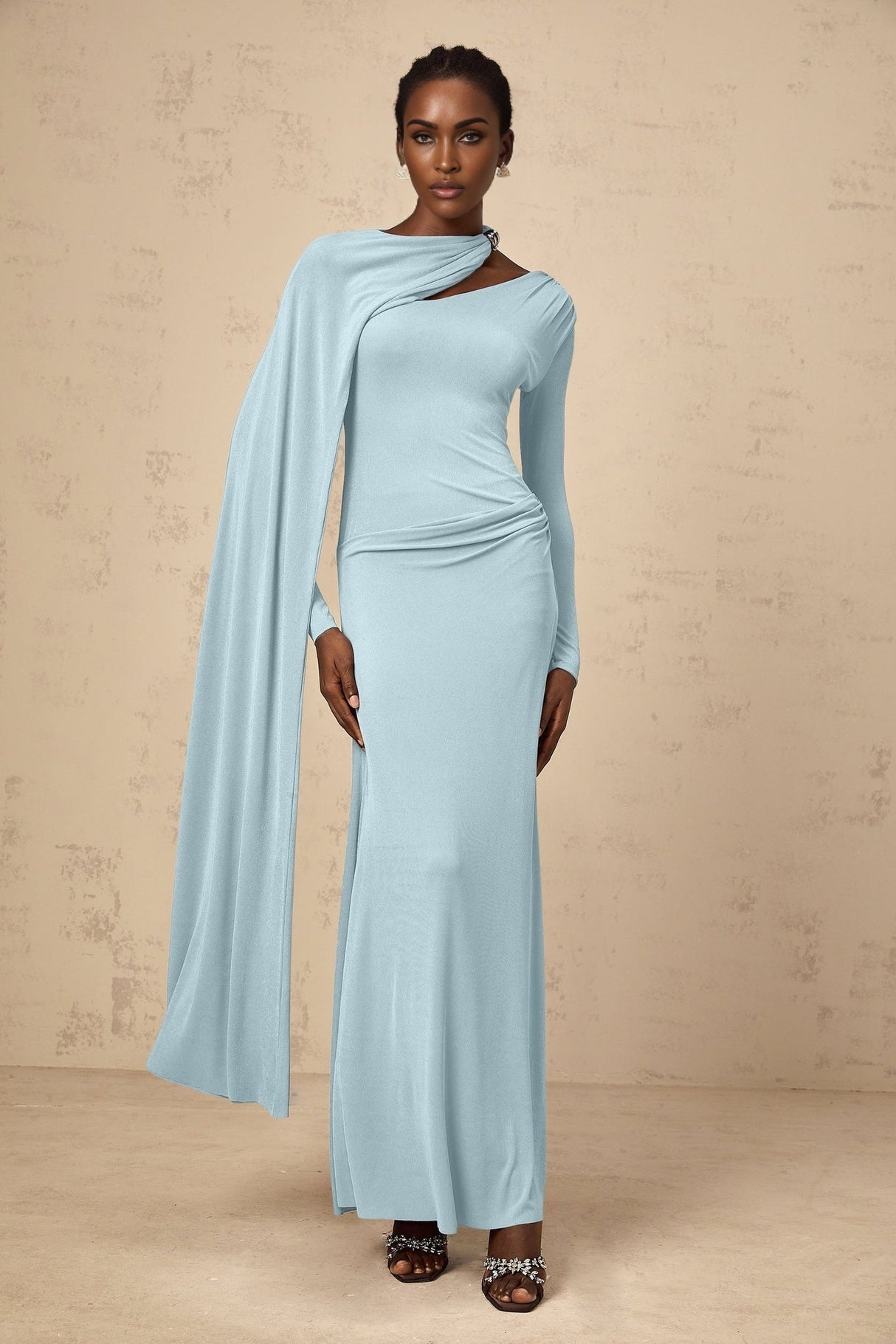 Sabrina Maxi Dress - Blue Diagonal Shawl Draped Ruched Fitted