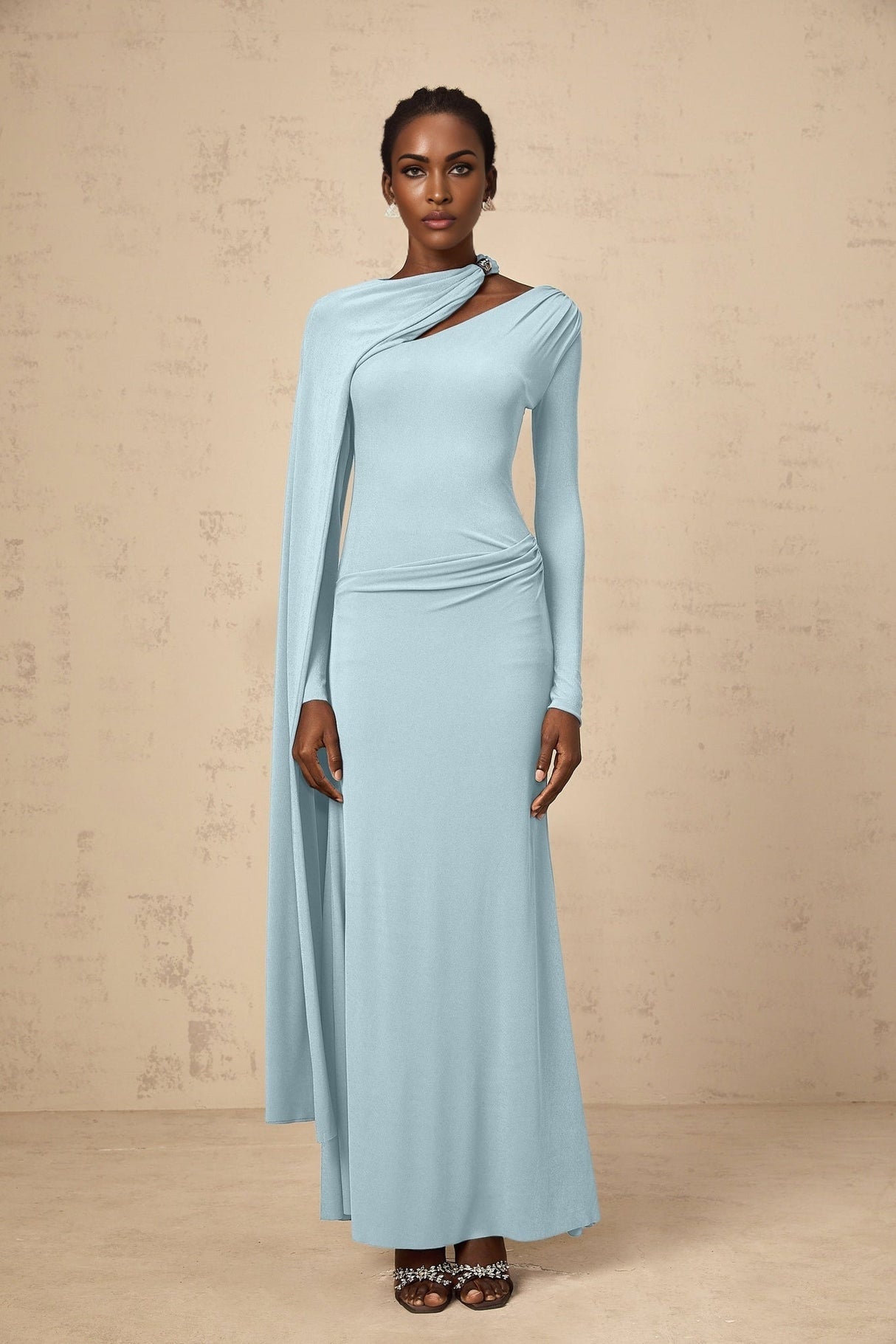 Sabrina Maxi Dress - Blue Diagonal Shawl Draped Ruched Fitted