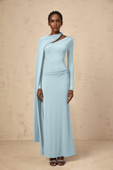 Sabrina Maxi Dress - Blue Diagonal Shawl Draped Ruched Fitted
