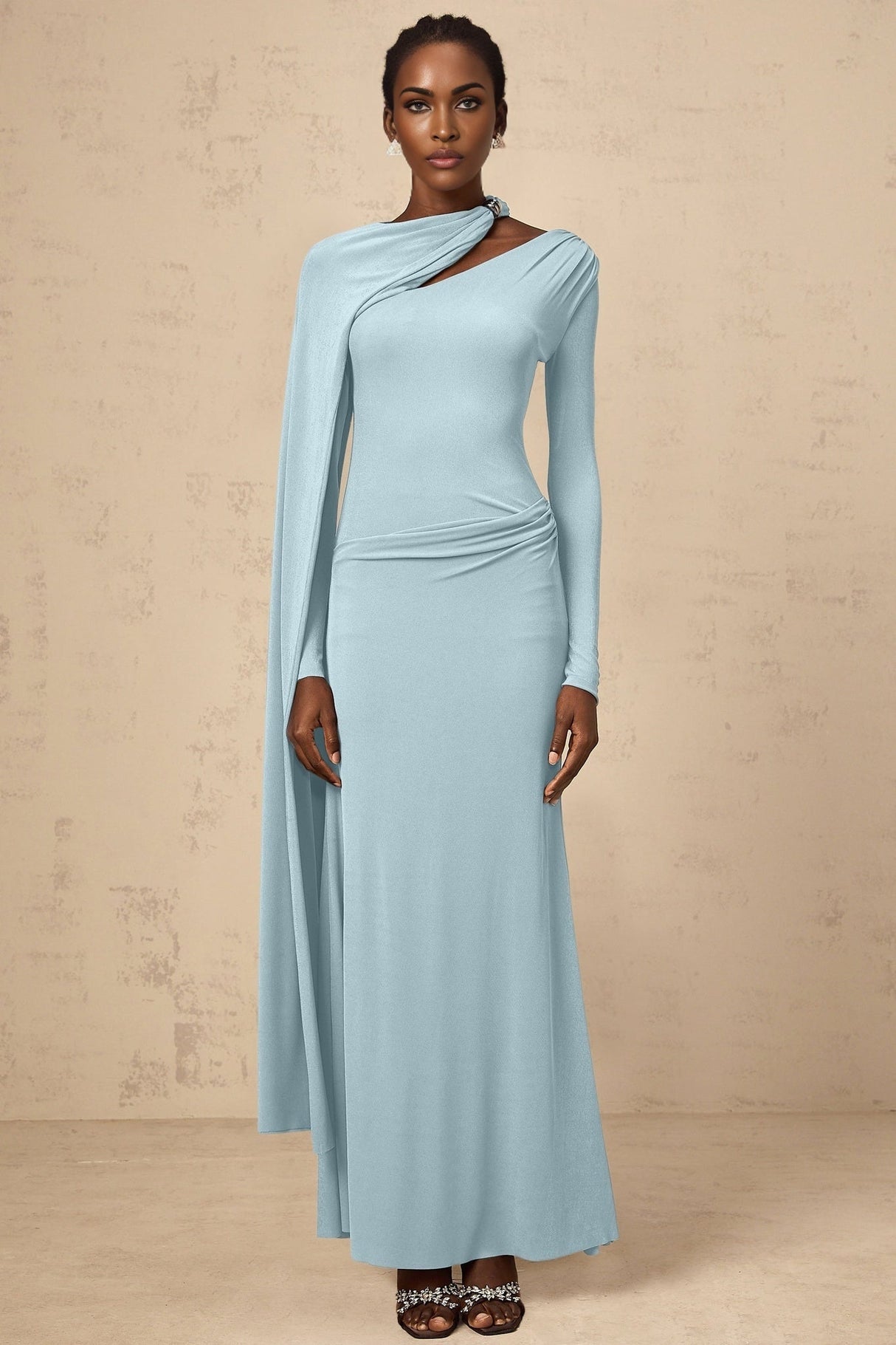 Sabrina Maxi Dress - Blue Diagonal Shawl Draped Ruched Fitted