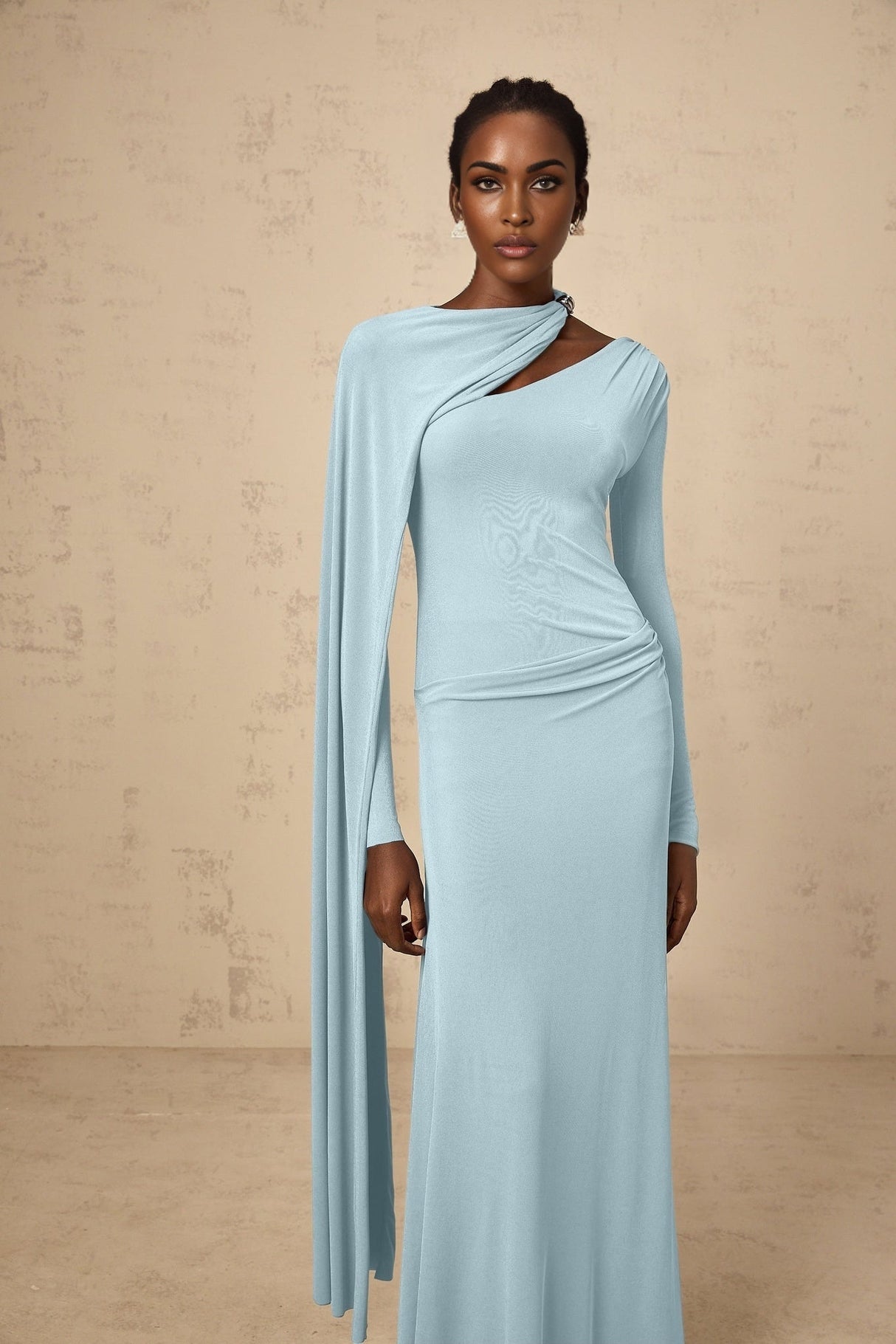 Sabrina Maxi Dress - Blue Diagonal Shawl Draped Ruched Fitted