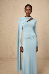 Sabrina Maxi Dress - Blue Diagonal Shawl Draped Ruched Fitted