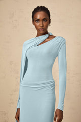 Sabrina Maxi Dress - Blue Diagonal Shawl Draped Ruched Fitted